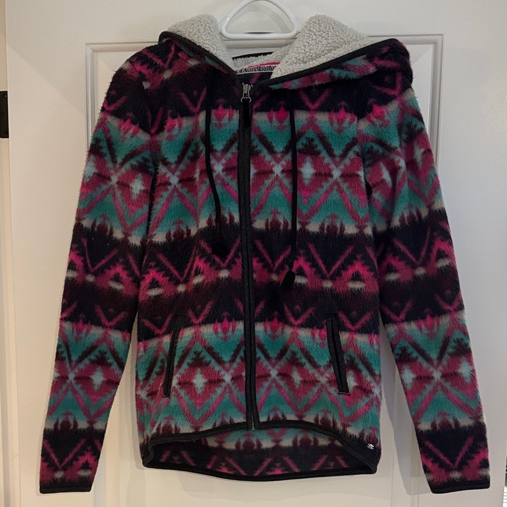 American Eagle Colorful Geometric Patterned Zip-Up Hoodie with Sherpa Fleece